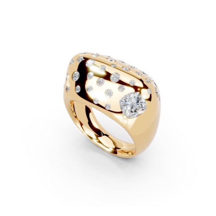 Ring 0103: high 18k gold dome ring with off-center round lab-grown diamond and scatter (design render)